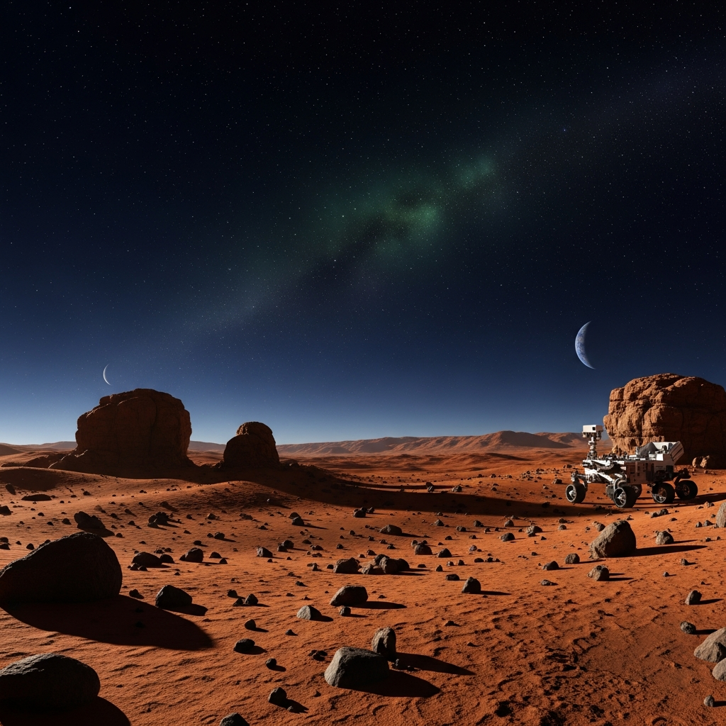 Cinematic Mars landscape with starry sky - representing human Mars exploration and settlement goals of The Mars Society